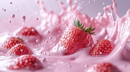 High-Resolution Strawberry Milk Splash with Frozen Strawberries and Pastel Tones