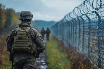 Soldier walking along barbed wire fence protecting border security zone