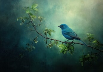 Fototapeta premium Vibrant Blue Bird Perched on a Branch Against a Soft Textured Background in Shades of Green and Blue