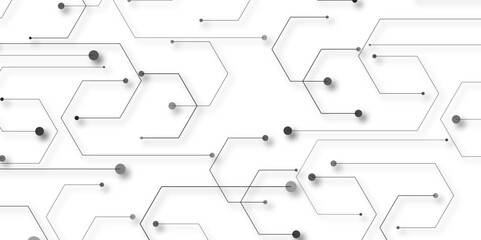 Black on white abstract particles connection background with hexagon.  Hi tech digital connect, communication vector. Gray and white technology background digital systems Hi-tech technology pattern.