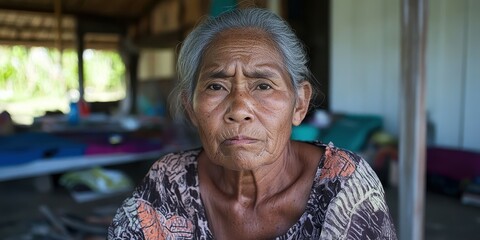 An elderly woman sits indoors wearing traditional clothing, her expression contemplative. The simple rural house reflects her life's history and cultural heritage, capturing a moment of wisdom