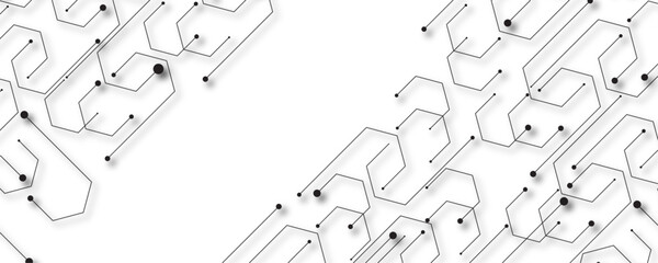 Gray and white technology background digital systems Hi-tech technology pattern. Black on white abstract particles connection background with hexagon.  Hi tech digital connect, communication vector.