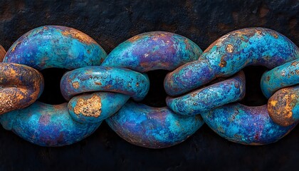 Close up view of a weathered chain in blue and gold