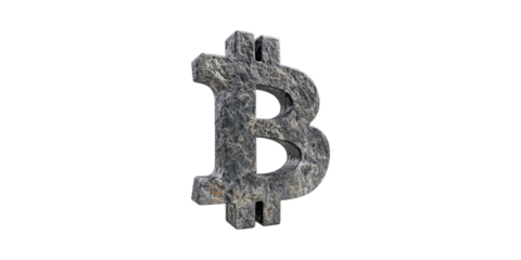 Stone-textured bitcoin symbol isolated on transparent background