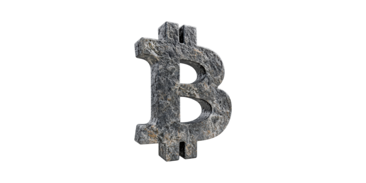 Stone-textured bitcoin symbol isolated on transparent background