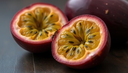  Halved passion fruit with vibrant yellow pulp and black seeds on a dark surface