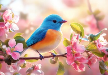 Obraz premium Vibrant Blue Bird Perched on Blooming Branch with Soft Pink Blossoms in Natural Spring Setting Captured in Beautiful Morning Light