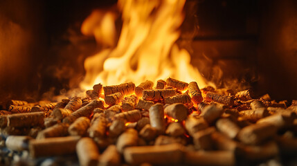 Pellets feed crackling fire in a warm fireplace, symbolizing eco-friendly warmth and energy. Natural wood burns bright, offering comfort in winter as an alternative heat source for modern homes.

