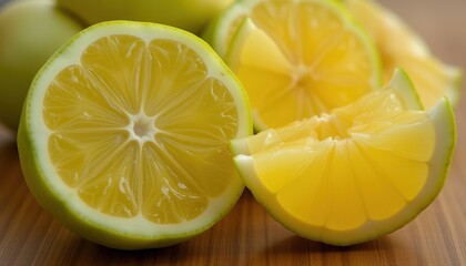  A group of lime halves with juicy flesh on a wooden surface