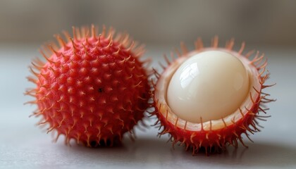  A spiky red rambutan fruit with a peeled half revealing the white flesh