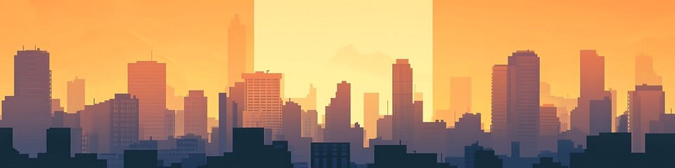 A sunset over cityscape with a large clear sky and text space