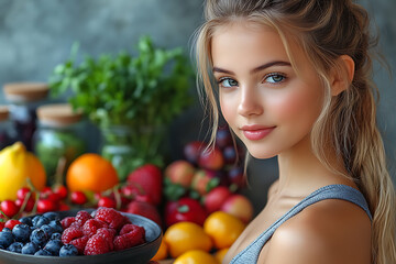 A dynamic collage composition featuring a beautiful, slender girl, fresh vegetables and fruits, healthy food, and a gymnasium setting