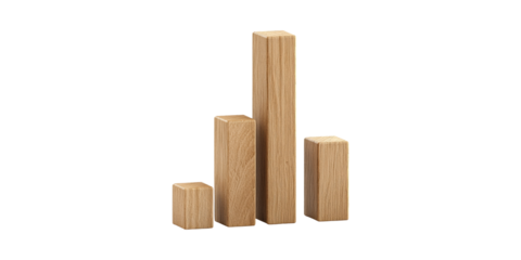 Wooden bar chart representation with four blocks isolated on transparent background