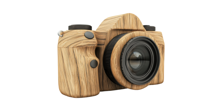 Wooden camera with detailed lens isolated on transparent background - Powered by Adobe