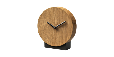 Round wooden table clock with metal stand isolated on transparent background