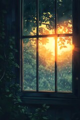 Water droplets sliding off the glass window and sunlight