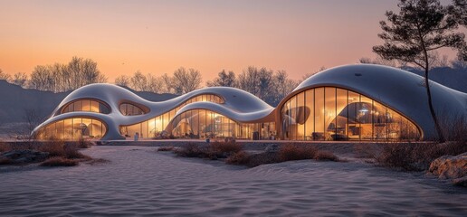 Obraz premium Modern curved house sunset snowy landscape