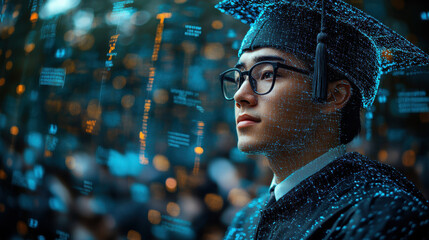 graduate wearing cap and gown is surrounded by digital data, symbolizing futuristic smart education and AI integration. scene reflects innovation and technology in learning