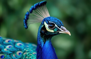 Vibrant close-up of a peacock showcasing its colorful plumage and intricate feather details in lush greenery background, highlighting nature's beauty