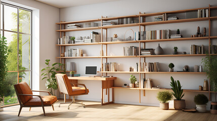 sunny lo-fi style shelves with books in modern home office © Mahendra
