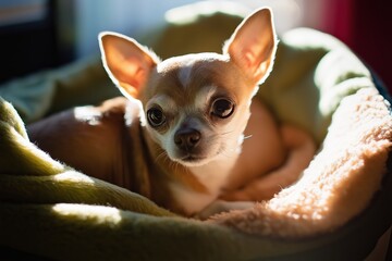 Charming chihuahua relaxing in cozy pet carrier bag for National Pet Day. Concept showcases love for pets and highlights importance of comfortable pet transportation