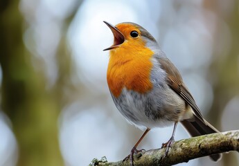 Fototapeta premium Vibrant European Robin Singing on a Branch Surrounded by Nature in a Soft Focus Background