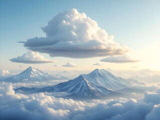 Snow-covered mountain peaks emerging through dreamy cloud layers in soft sunlight