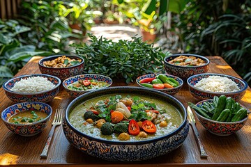 Vibrant thai curry spread surrounded by aromatic sides in a tropical outdoor setting