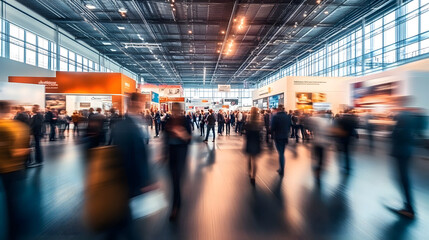 A dynamic scene at a busy trade fair with blurred figures of people networking and interacting around modern exhibition booths, capturing the energy and movement of a vibrant business event