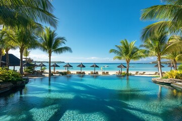 Fototapeta premium Luxury Tropical Resort Pool Beach Vacation Paradise Idyllic Island Getaway Tranquil Scene Summertime Relaxation Exotic Destination Blue Ocean Calm 