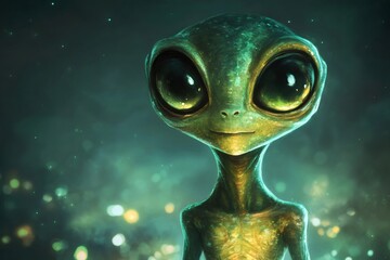 Friendly alien visiting earth at night, observing city lights