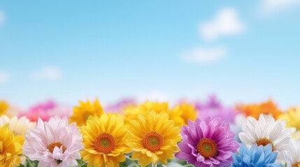 Colorful flowers bloom under a sunny sky; spring background