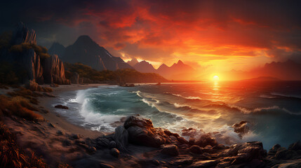 Sea Sparkling Orange Clouds Sunset