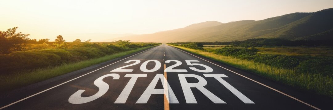 A long, straight road stretching into the distance with the inscription "EARLY 2025" written in white capital letters on the asphalt.