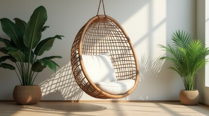 Peaceful Rattan Hanging Chair with Plants in Modern Interior