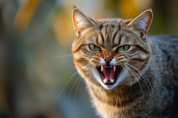 Aggressive cat showing teeth and hissing in nature