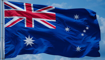 Waving Australian Flag. Southern Cross Flag Fluttering. Featuring the Union Jack and Southern Cross, Symbolizing Australia’s Commonwealth Ties and Geographical Identity.