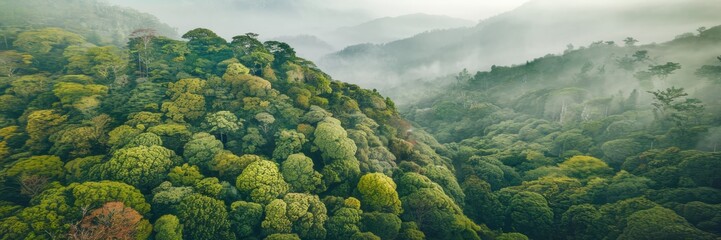 A banner depicting a dense forest with a dense canopy of green foliage. The trees are located close to each other, creating a lush continuous cover of greenery. The forest is covered with thick fog.