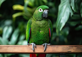 Obraz premium Vibrant Green Parrot Perched on a Wooden Rail Amidst Lush Greenery in a Tropical Environment with Colorful Feathers Detail
