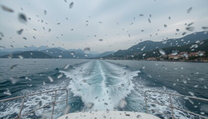  Raindrops on the boat windshield with ocean waves and mountains in the background during a rainy day