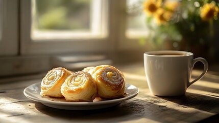 High-resolution photography of Kifli rolls alongside a hot cup of coffee, with a cozy kitchen setting in the background for a comforting vibe