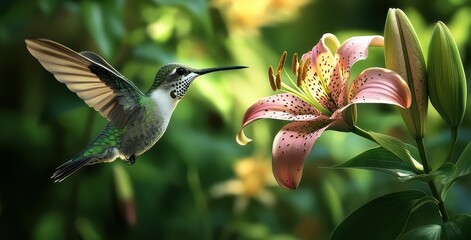 Vibrant Hummingbird Approaching Beautiful Pink Lily Flower with Soft Green Background in Nature and Garden Setting, Stunning Floral Scene and Wildlife Encounter