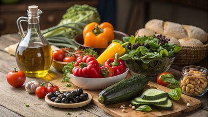 Mediterranean Diet: Vegetables, fruits, nuts, legumes, whole grain products, olive oil, fish, seafood, white meat. Perfect for fitness websites and blogs.