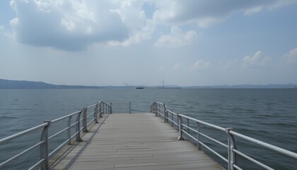 Fototapeta premium Wooden pier extending into calm sea waters with a distant ship and mountains on the horizon