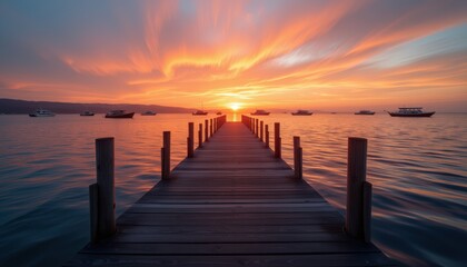 Obraz premium Wooden pier at dusk with boats anchored nearby and a vibrant sunset in the background
