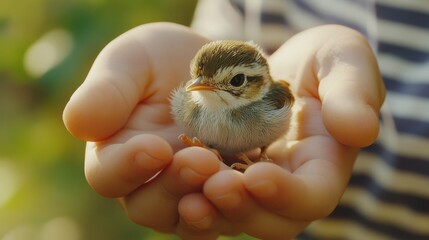 Gentle Hands Cradling a Sparrow in Golden Hour Light, Small bird, cupped hands, striped shirt, soft focus, golden hour lighting, nature, tenderness, close-up, shallow depth of field, warm tones.