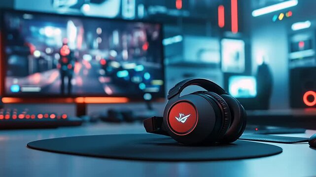 A high-tech gaming setup featuring stylish headphones on a mouse pad with a vibrant cityscape in the background