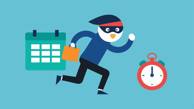 Time Thief A cartoonish thief sneaking away with clocks and calendars while a character watches helplessly depicting how time can feel like its being stolen due to procrastination.