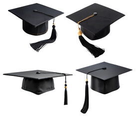Set of top graduation cap designs isolated on a transparent background. Uses for education, university, college, and campus. PNG