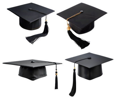 Set of top graduation cap designs isolated on a transparent background. Uses for education, university, college, and campus. PNG